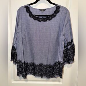 Hannah Women's Top in Blue patterned with Black Lace